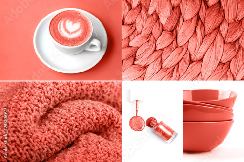 Collage inspired by color of the year Living Coral. Cosy mood.