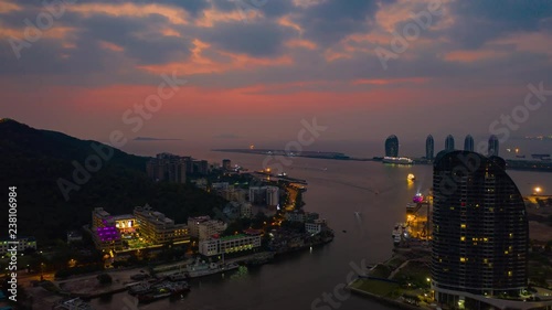 sunset sky victoria peak telegraph bay aerial timelapse panorama 4k hong kong
 photo