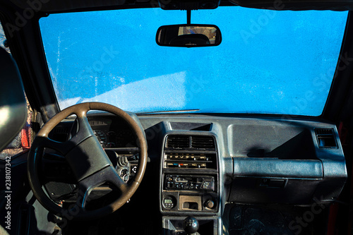 Classic car with frozen windscreen, inside view © bdavid32