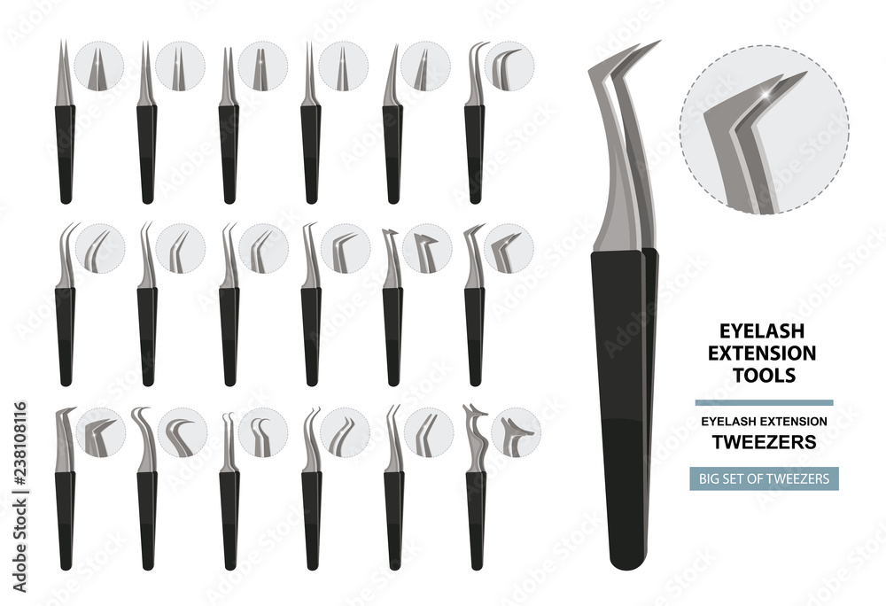 Eyelash Extension Tools. Big Set of tweezers isolated on white background. Different shapes. Vector illustration. Training poster. Guide Eyelash Extension Tools. Big Set of tweezers isolated on white background. Different shapes. Vector illustration. Training poster. Guide