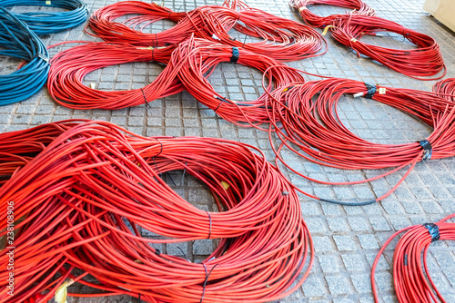 Large rolls of data cables ready to connect television data center during the retransmission of an event. photo