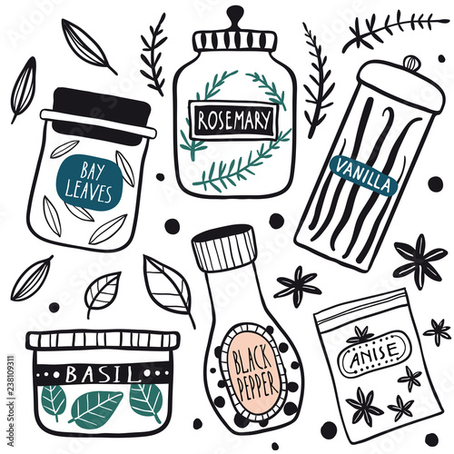 Herbs and spices jars icon set