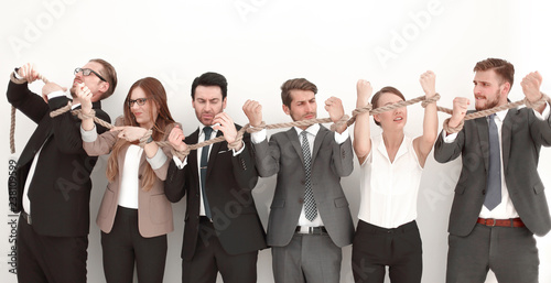 group of business people breaking a strong rope