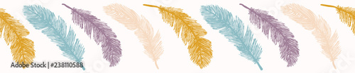 Sacred Bird Feathers  Stripes. Hand Drawn Seamless Vector Border. Fluffy Soft Feathery Wing Illustration for Spiritual Totem Animal Stationery, Nature Backdrops, Boho Banner. Turquoise Purple Blue