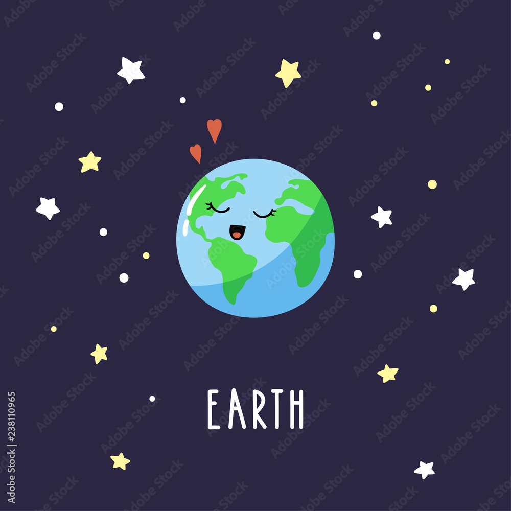 Lovely cartoon Earth in the night sky. Bright vector illustration suitable for greeting card, poster or print on a T-shirt. Lovely cartoon Earth in the night sky. Bright vector illustration suitable for greeting card, poster or print on a T-shirt.
