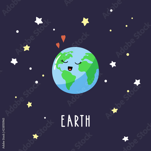 Lovely cartoon Earth in the night sky. Bright vector illustration suitable for greeting card, poster or print on a T-shirt.