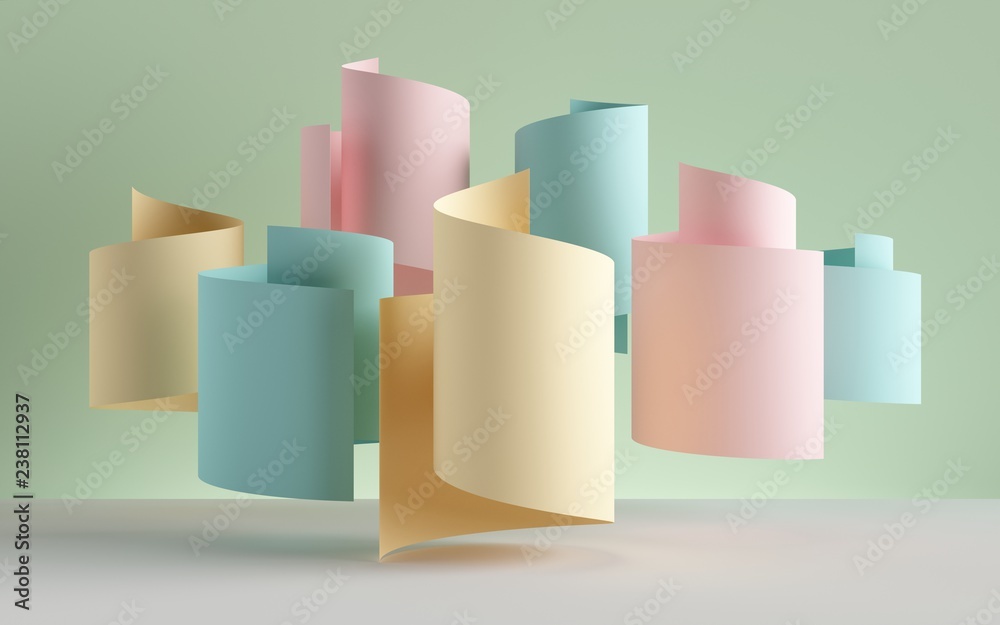 3d render, paper ribbon rolls, abstract shapes, pastel fashion background, swirl, scroll, curl, spiral, cylinder 3d render, paper ribbon rolls, abstract shapes, pastel fashion background, swirl, scroll, curl, spiral, cylinder