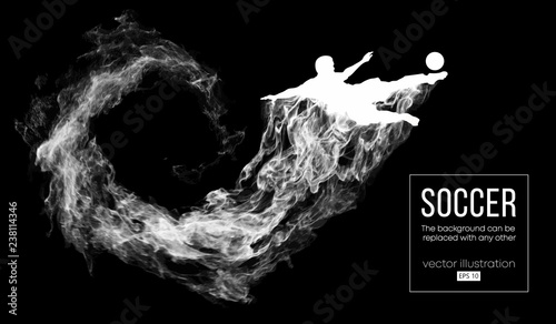 Abstract silhouette of a football player on dark black background from particles. Soccer player running jumping with ball. World and european league. Background can be changed to any other vector