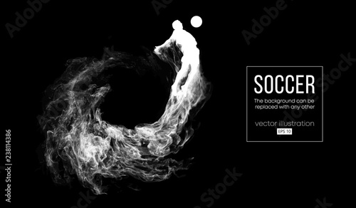 Abstract silhouette of a football player on dark black background from particles. Soccer player running jumping with ball. World and european league. Background can be changed to any other vector