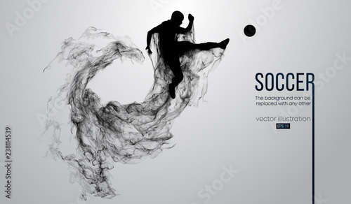 Abstract silhouette of a football player on the white background from particles. Soccer player running jumping with ball. World and european league. Background can be changed to any other. Vector