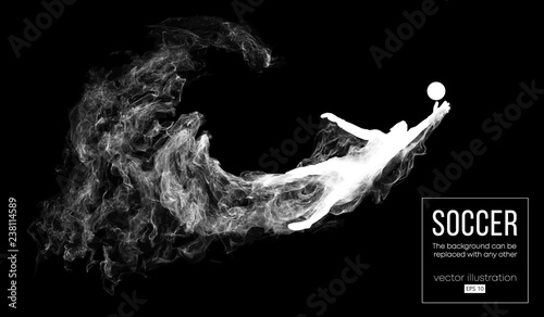 Abstract silhouette of a football player on dark black background from particles. Soccer player running jumping with ball. World and european league. Background can be changed to any other vector