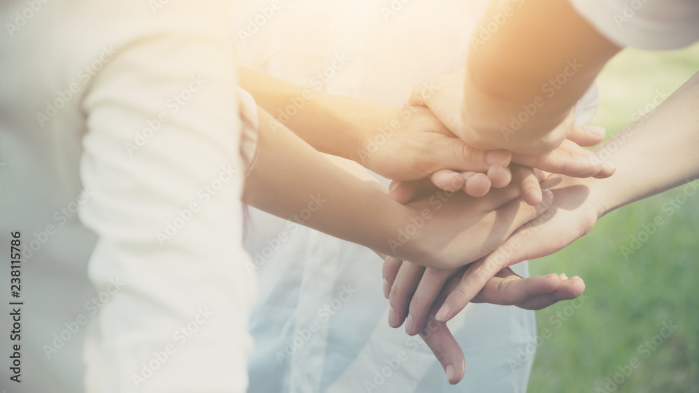 Obraz premium Team teamwork business join hand together concept, Power of volunteer charity work, Stack of people hand
