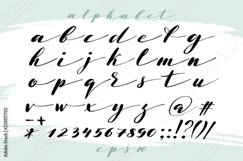 Hand drawn alphabet, marks and numbers. Handwritten lettering in brush style. Modern script in vector. Handmade artistic letters and figures for design.