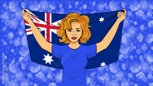 blonde girl holding a national flag of Australia