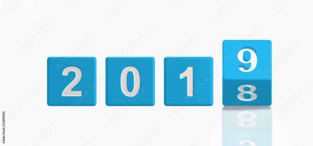 3d illustration of new year 2019,concept of dice with number reflected on plane