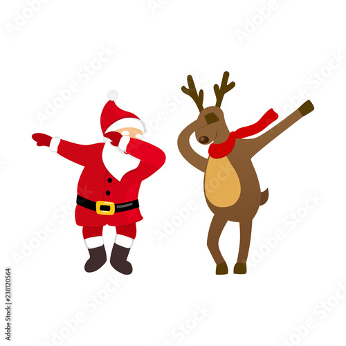 Funny Santa and deer dancing dab move, quirky cartoon comic characters, isolated on white background, young modern style for print, t-shirt, card, Christmas party invitation, animation, advertising.