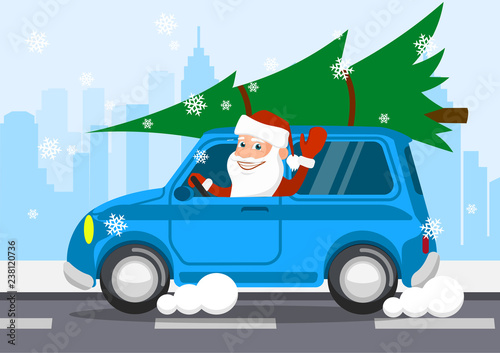 Merry Santa Claus on a car carries gifts. vector illustration.