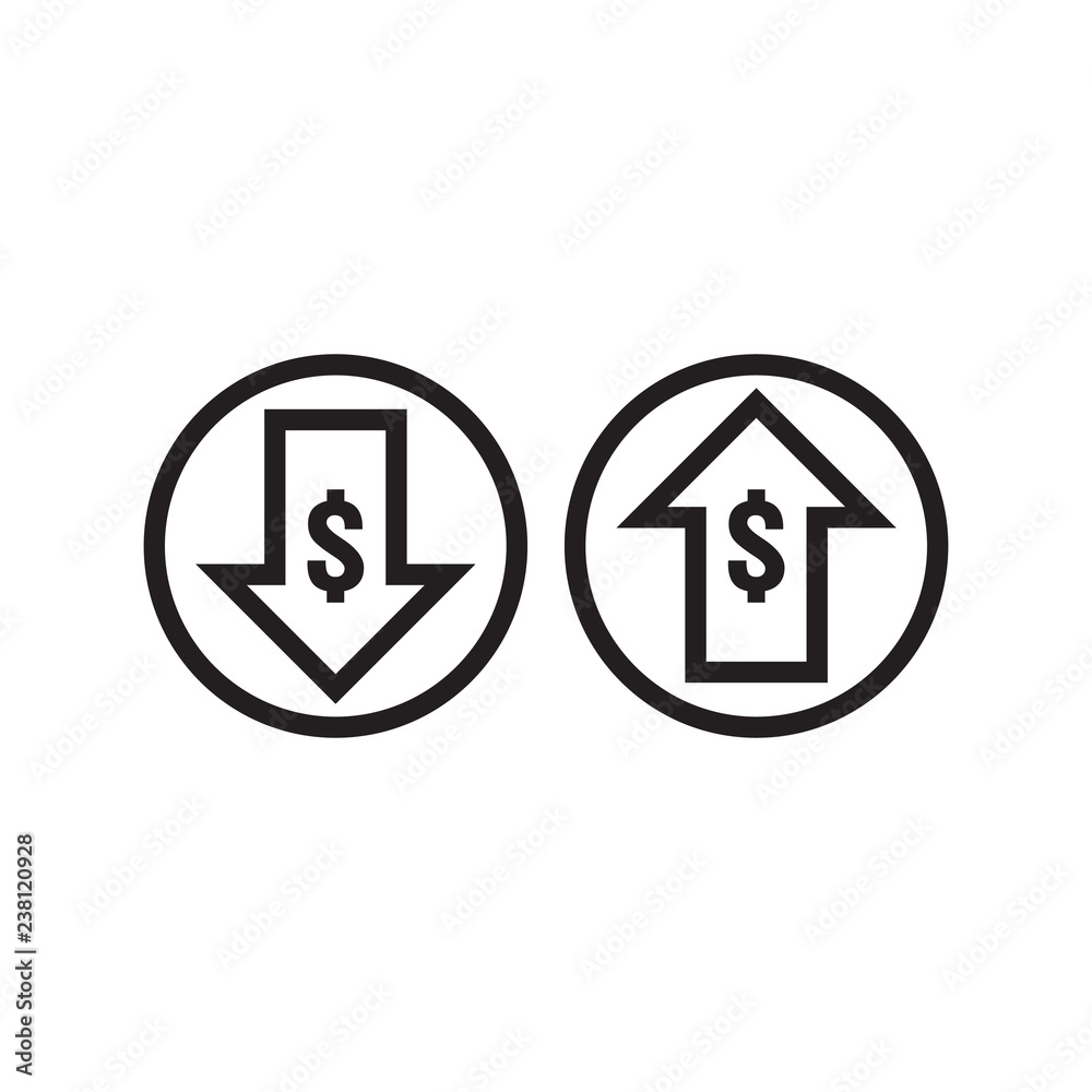 dollar increase decrease icon. Money symbol with arrow stretching rising up and drop fall down. Business cost sale and reduction icon. vector illustration dollar increase decrease icon. Money symbol with arrow stretching rising up and drop fall down. Business cost sale and reduction icon. vector illustration