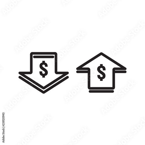 dollar increase decrease icon. Money symbol with arrow stretching rising up and drop fall down. Business cost sale and reduction icon. vector illustration