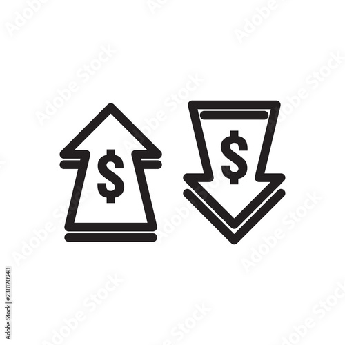 dollar increase decrease icon. Money symbol with arrow stretching rising up and drop fall down. Business cost sale and reduction icon. vector illustration