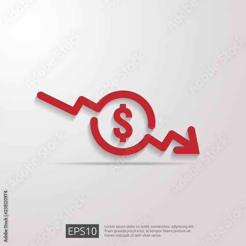 dollar arrow decrease icon. Money arrow symbol. economy stretching rising drop fall down. Business lost crisis decrease. lower cost, reduction bankrupt icon. vector illustration.