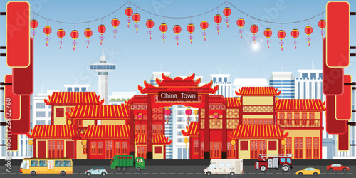 Happy Chinese New Year greeting card with China town village.