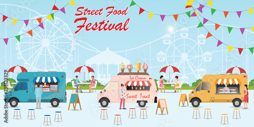 Street food truck festival with food and drink.
