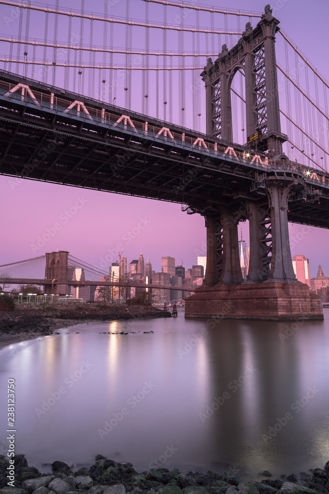 Fototapeta premium Widok na Manhattan Bridge i dzielnicę finansową ze wschodniej plaży nad rzeką