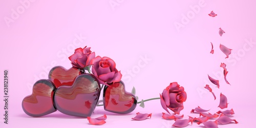 Glass Valentine hearts with roses and rose petals on pink background. Valentine's day card template. 3D illustration