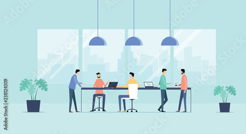 flat vector illustration group business team meeting  and working  collaboration in office workplace concept 