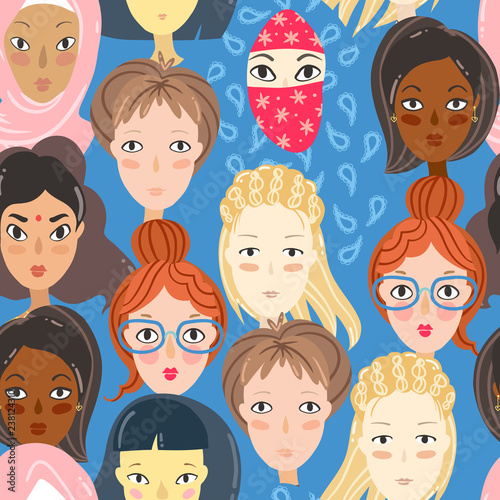 Feminism. Seamless pattern with women portraits. Different relig
