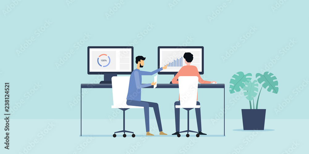 flat illustration two business people analytics and monitoring finance investment on monitor report graph with business team working concept 
