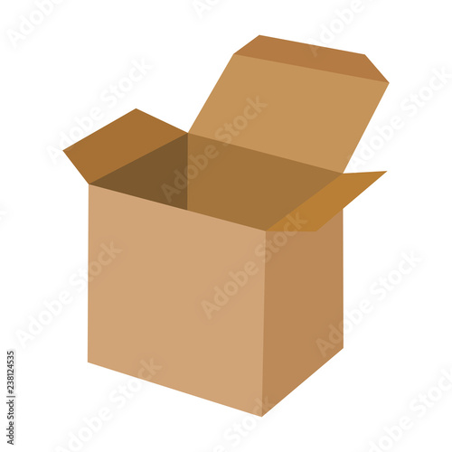 Empty open cardboard box isolated on white background. Side view. Brown carton shipping box flat vector