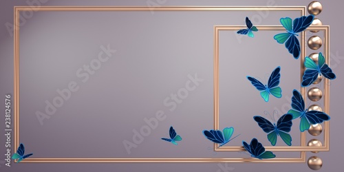 Panoramic background with abstract composition: gold frames with tropical butterflies and Golden balls. Empty space under the text. 3D illustration