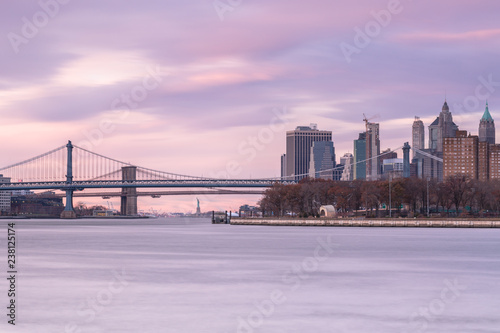 Manhattan and Brooklyn bridge view from east river long exposure