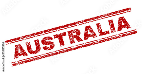 AUSTRALIA seal print with corroded texture. Red vector rubber print of AUSTRALIA text with unclean texture. Text tag is placed between double parallel lines.