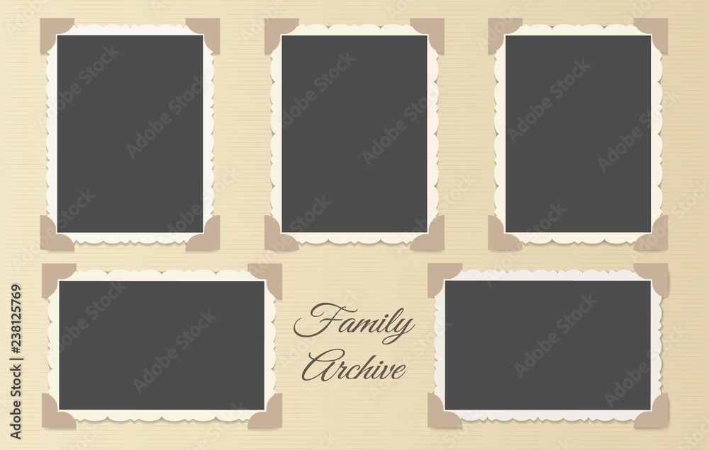 Family photo album collage. Retro photos page template vector illustration,  vintage blank photo frames old style layout Stock Vector