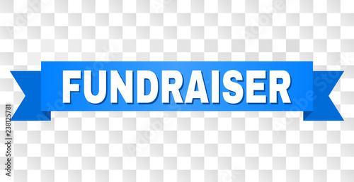 FUNDRAISER text on a ribbon. Designed with white title and blue tape. Vector banner with FUNDRAISER tag on a transparent background.