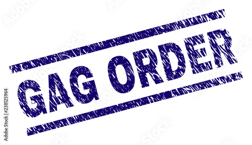 GAG ORDER seal print with grunge style. Blue vector rubber print of GAG ORDER title with scratched texture. Text title is placed between parallel lines.