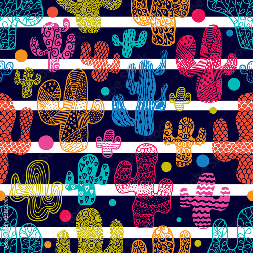 Сute cacti and stripes Colorful vector seamless pattern. Can be used in textile industry, paper, background, scrapbooking.