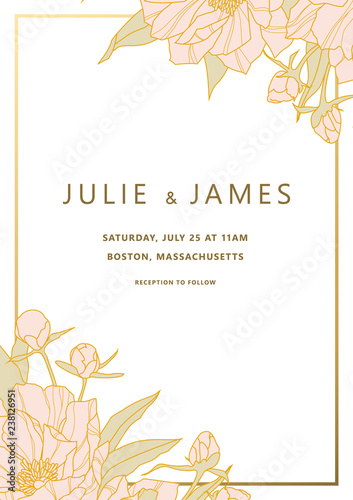 Vintage Wedding Invite template with floral background of flowers peons, with gold decorated banner. Vector invitation