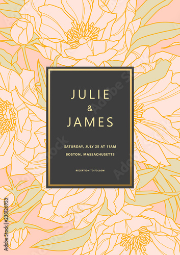 Vintage Wedding Invite template with floral background of flowers peons, with gold decorated banner. Vector invitation