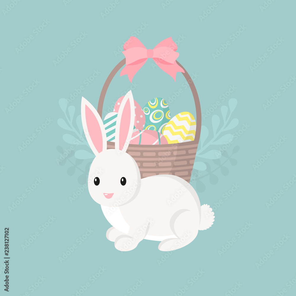Obraz premium Happy easter greeting card, poster with cute bunny. Rabbit and basket with easter eggs. Vector illustration.
