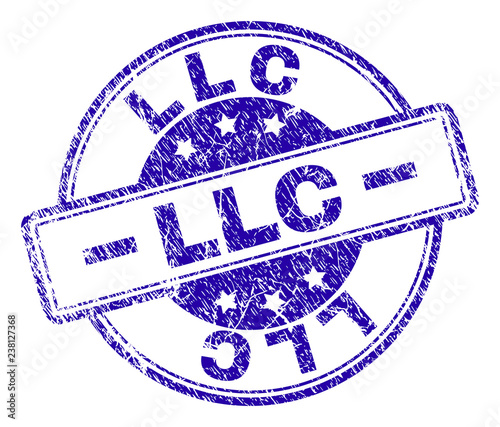LLC stamp seal imprint with grunge effect. Designed with rounded rectangles and circles. Blue vector rubber print of LLC label with grunge texture.