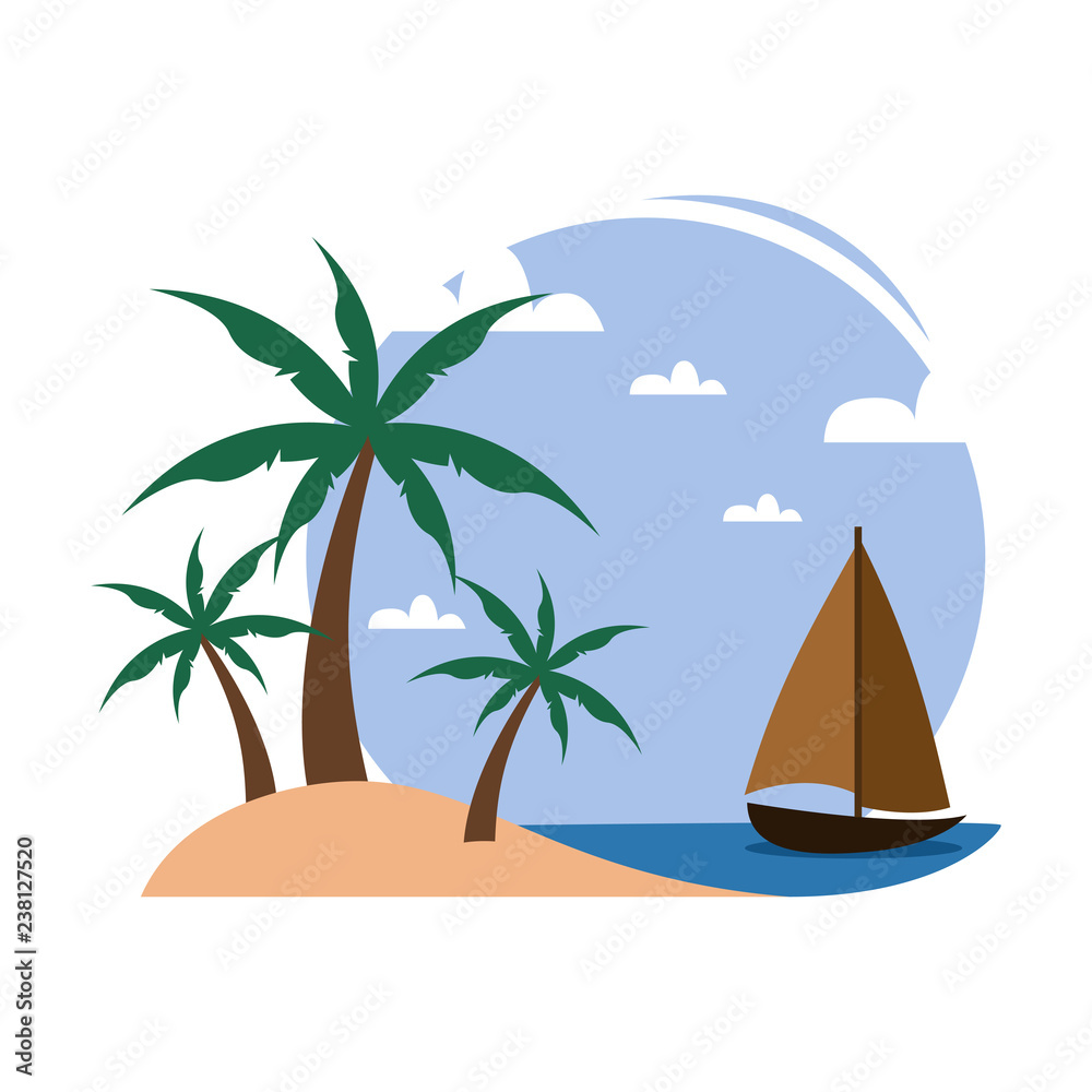 Simple Beach Palm Trees Small Boat Travel Island Illustration