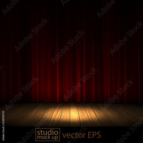 Illuminated theater stage with a red curtain.  Highly realistic illustration.