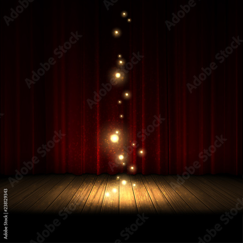 A spotlight illuminates a wooden stage. Transparent light with bright highlights.  Highly realistic illustration.