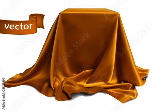 Brown silk fabric covering the podium. Beautiful drape. Highly realistic illustration.