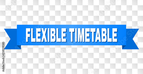 FLEXIBLE TIMETABLE text on a ribbon. Designed with white caption and blue stripe. Vector banner with FLEXIBLE TIMETABLE tag on a transparent background.