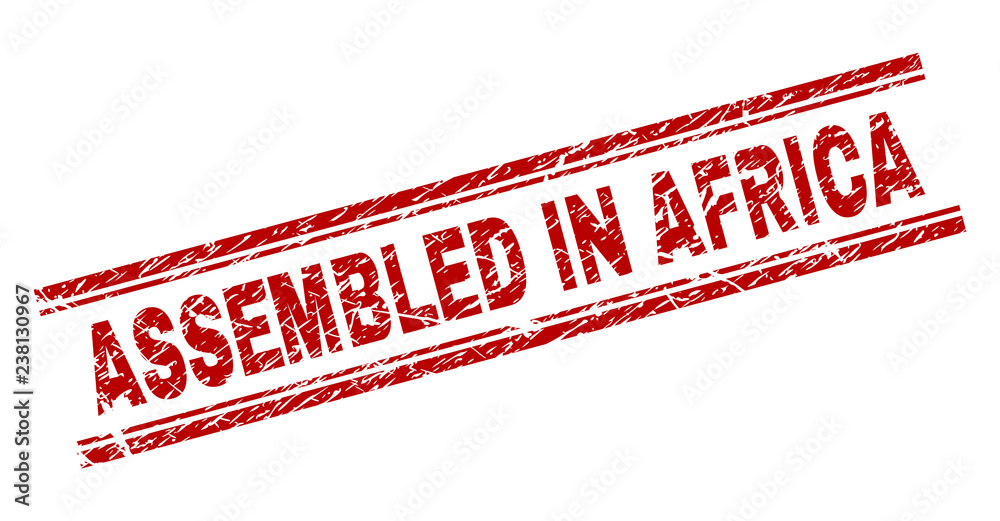 ASSEMBLED IN AFRICA seal watermark with corroded texture. Red vector rubber print of ASSEMBLED IN AFRICA text with corroded texture. Text title is placed between double parallel lines. ASSEMBLED IN AFRICA seal watermark with corroded texture. Red vector rubber print of ASSEMBLED IN AFRICA text with corroded texture. Text title is placed between double parallel lines.